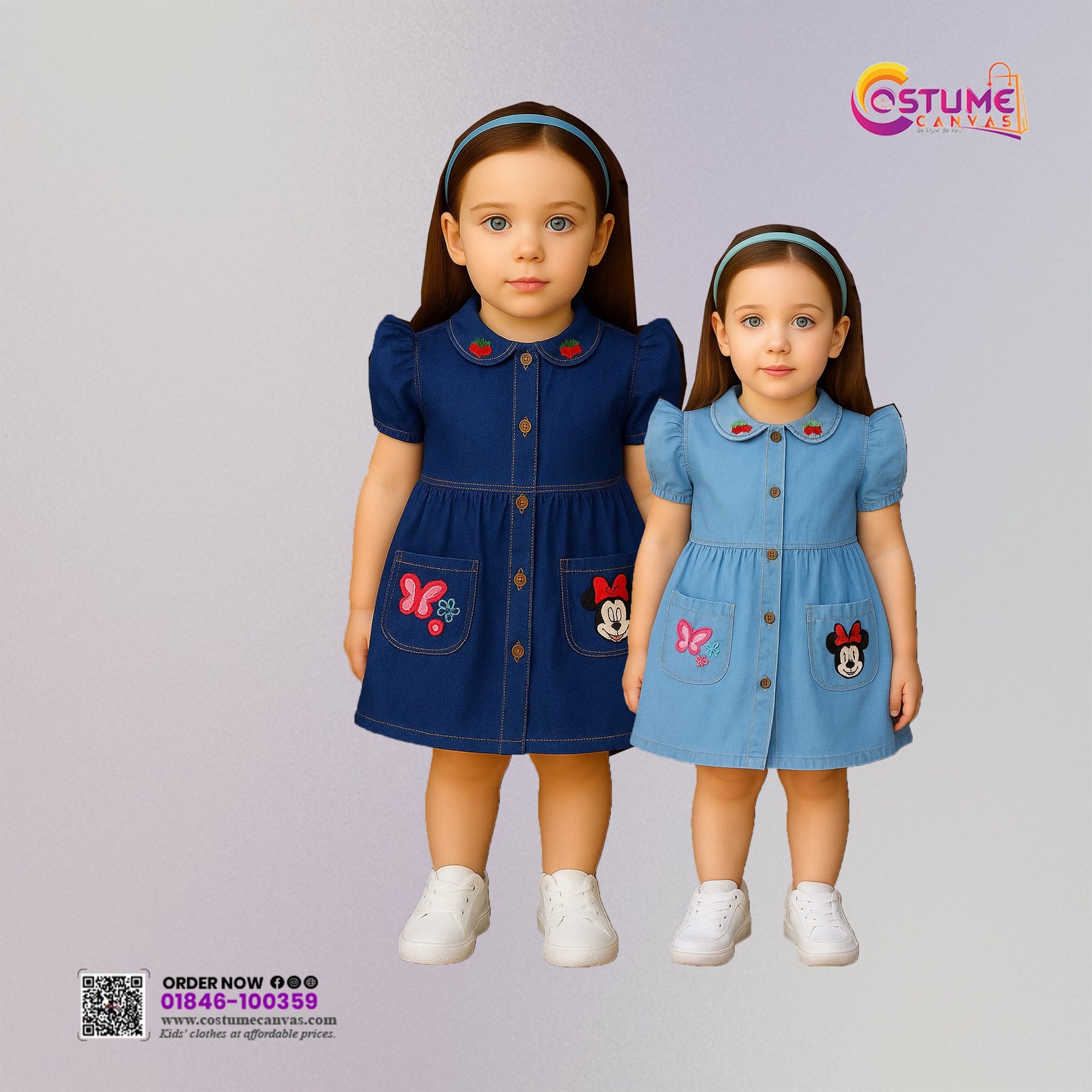 Girls’ Denim Frock – Minnie & Butterfly Embroidery